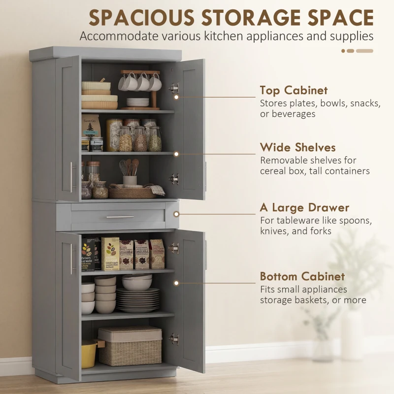 HOMCOM 72" Storage Cabinet, Freestanding Kitchen Pantry Cabinet with 4 Doors, Drawer and 3 Adjustable Shelves, Grey