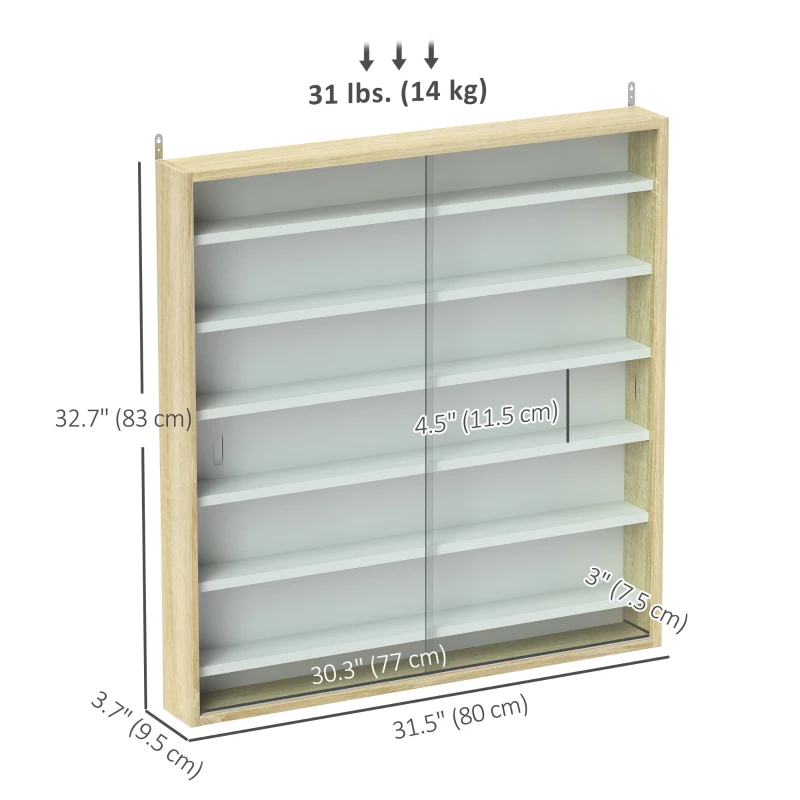 HOMCOM 7-Tier Display Cabinet, Shot Glass Display Case, Glass Curio Cabinet with 2 Glass Doors, Oak and White