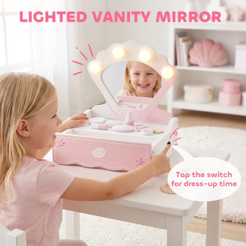 Qaba Kids Vanity Set, Makeup Table Toy with Lights, Mirror, Drawer, Accessories and Carry Handle for Girls 3-6 Years, Pink