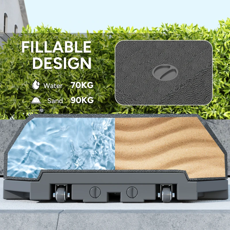 Outsunny Umbrella Base Plastic Umbrella Stand for Cantilever Umbrella with Wheels, Heavy Duty Umbrella Stand, Water/Sand Filled