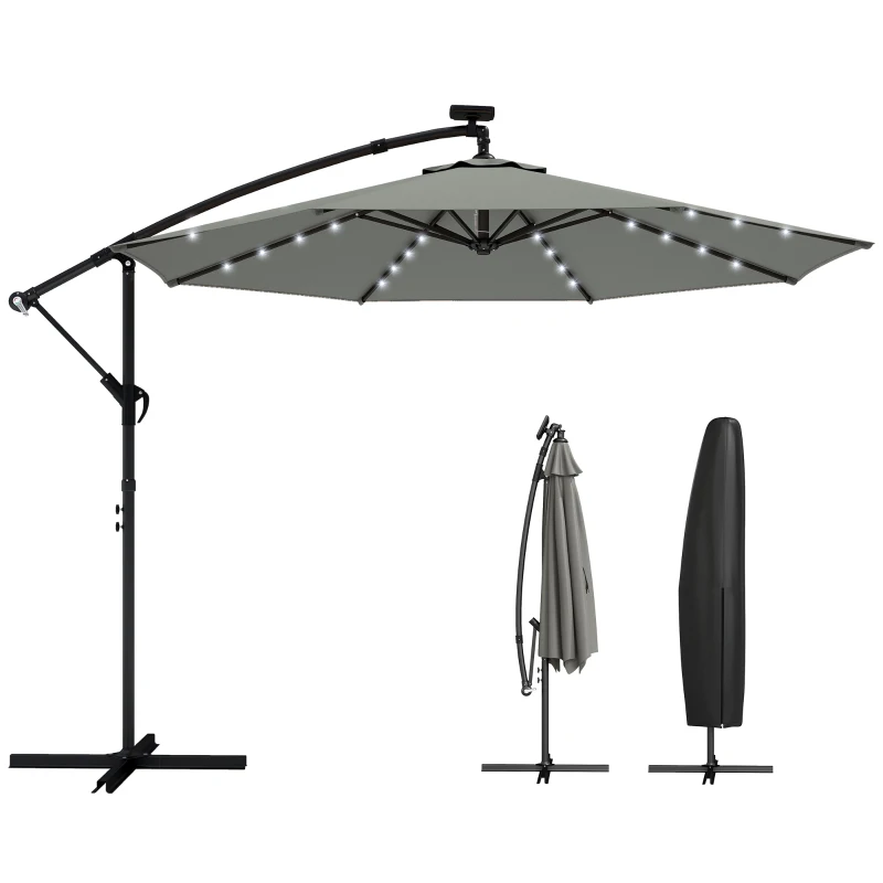 Outsunny 9.7 ft Cantilever Patio Umbrella with Solar Light, Garden Hanging Parasol with Cover, Tilt, Crank, Grey