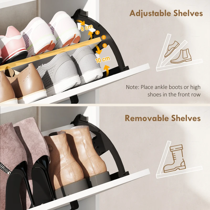HOMCOM Shoe Cabinet with 2 Flip Drawers, 3 Side Compartments, Adjustable Shelves, 8-12 Pairs for Entryway Hallway, White