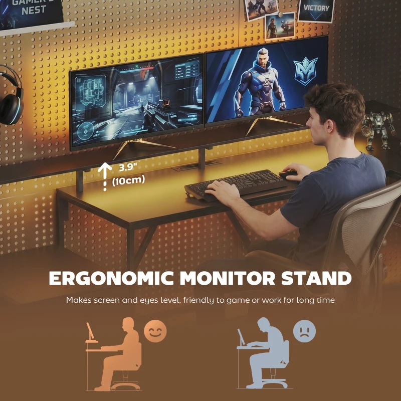 HOMCOM 76" Gaming Desk, Reversible Computer Table with RGB Lights, USB Ports, Monitor Stand and 2 Fabric Drawers, Black
