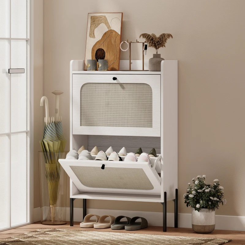 HOMCOM Shoe Cabinet with 2 Flip Drawers, Boho Narrow Shoe Storage Cabinet, White