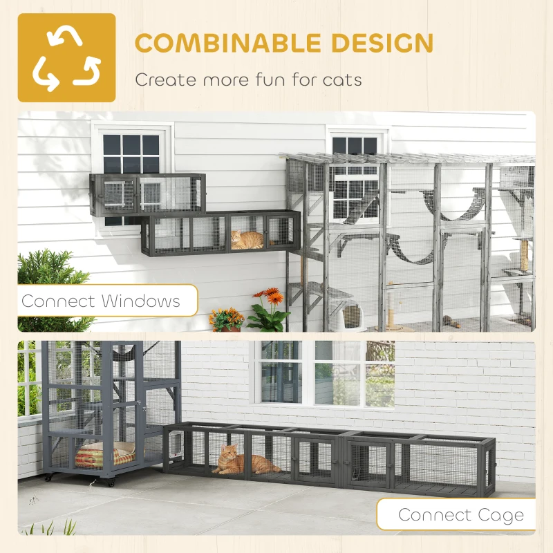 PawHut Wooden 98" Cat Tunnel for Outdoor with Combinable Design, 8 Doors, Dark Gray