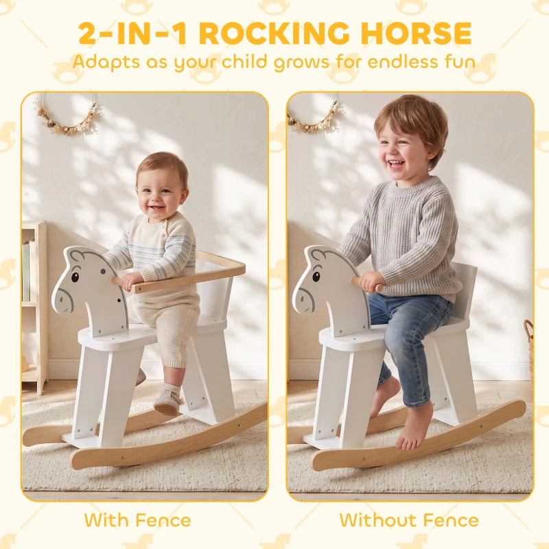 Qaba Rocking Horse, 2 in 1 Ride on Horse with Removable Fence, No-Tip Design, Gift for Toddlers 1.5-3 Years, White