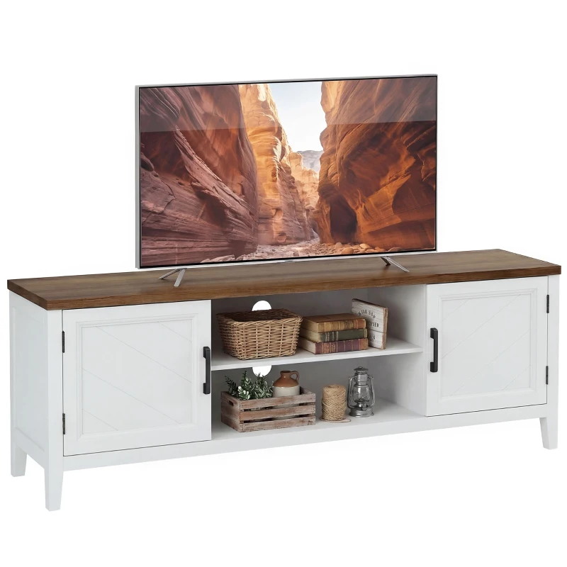 HOMCOM TV Stand for TVs up to 65 Inch, Entertainment Center with 2 Open Shelves, 2 Cabinets, Thick Top, White and Brown