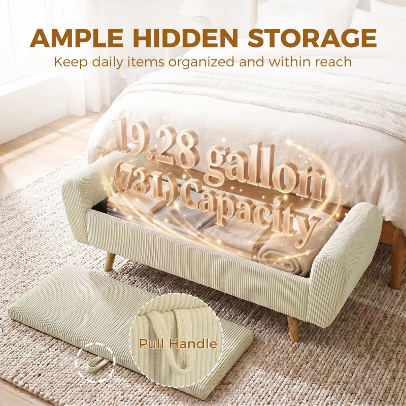HOMCOM Storage Ottoman, 59" Corduroy End of Bed Storage Bench for King Size Bed with Wooden Legs and Rolled Arms, Beige