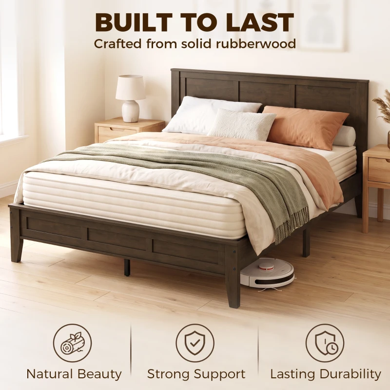 HOMCOM Queen Size Bed Frame with Headboard and Footboard, Mid-Century Modern Platform Bed Frame with Under-Bed Storage, Walnut