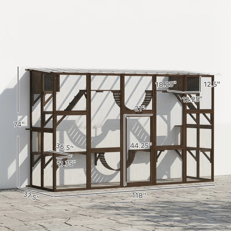 PawHut Catio Playground Cat Window Box Outside Enclosure for Multiple Cats w/ Shelves & Bridges, Coffee Brown