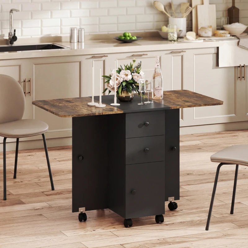 HOMCOM Drop Leaf Dining Table, Mobile Folding Table on Wheels with Drawers and Cabinet for Dining Room, Rustic Brown and Black