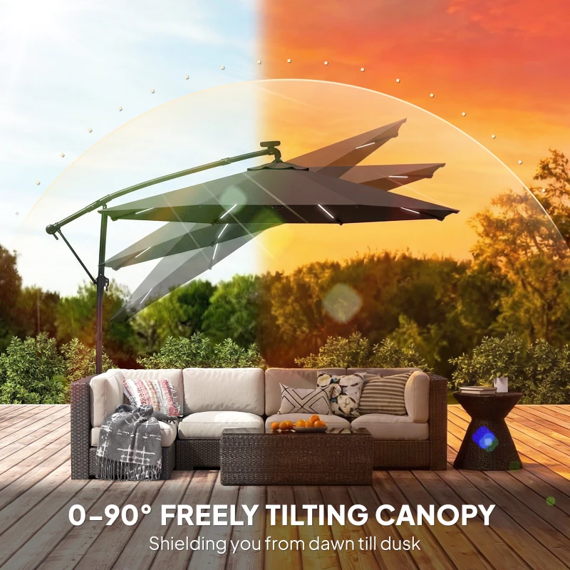 Outsunny 10 ft Offset Patio Umbrella with Solar Light, Garden Hanging Parasol with 360° Rotation, Tilt, Cover, Black
