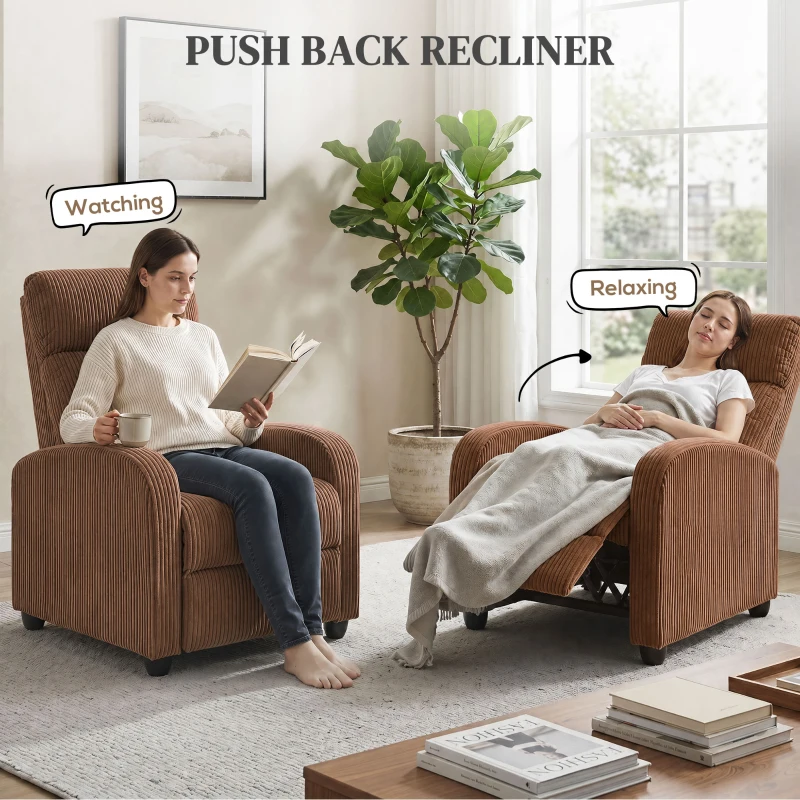 HOMCOM Corduroy Home Theater Seating, Push Back Recliner Chair with Padded Seat for Living Room, Brown