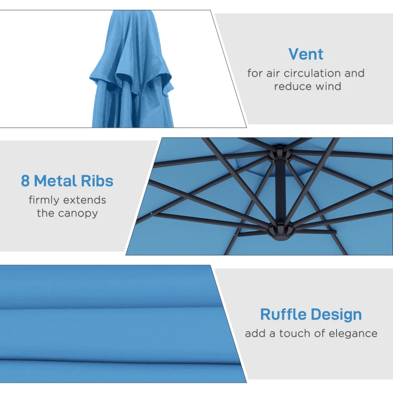 Outsunny 10' Deluxe Patio Umbrella, Outdoor Market Parasol, Banana Hanging Offset Sunshade with Crank, Cross Base, Blue
