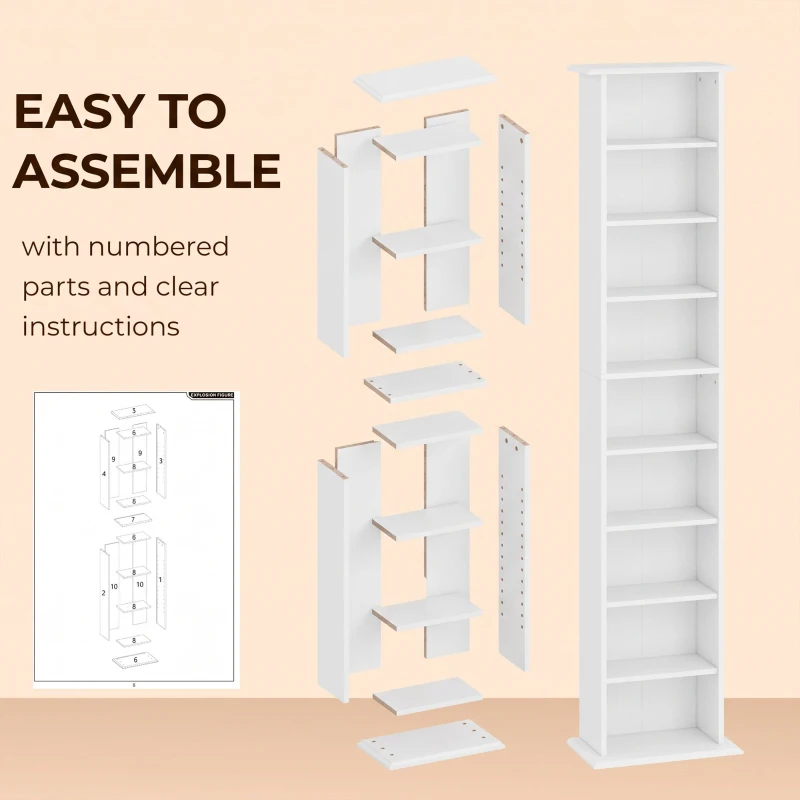 HOMCOM 9-Tier DVD Shelf with 7 Adjustable Shelves, Slim CD Shelf, Holds 252 CDs, 147 DVDs or 189 Blu-rays, White
