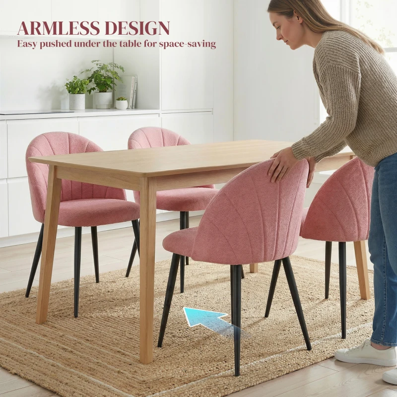 HOMCOM Modern Dining Chairs Set of 4, Upholstered Dining Room Chairs with Metal Legs, Shell Backrest, Padded Seat, Pink