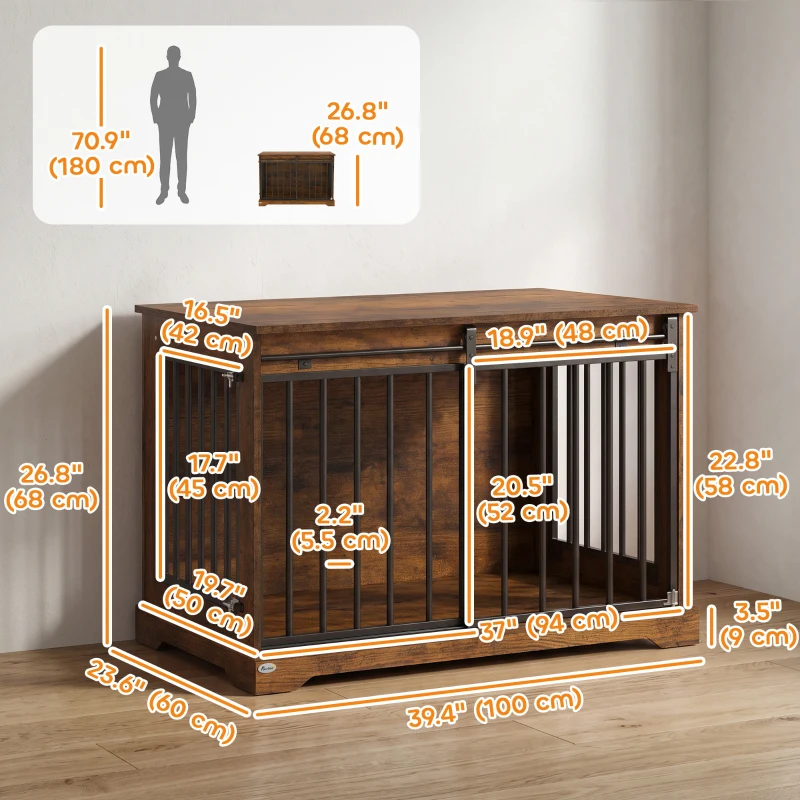 PawHut 100 cm Dog Crate Furniture with Sliding Barn Door for Large Breeds, Rustic Brown