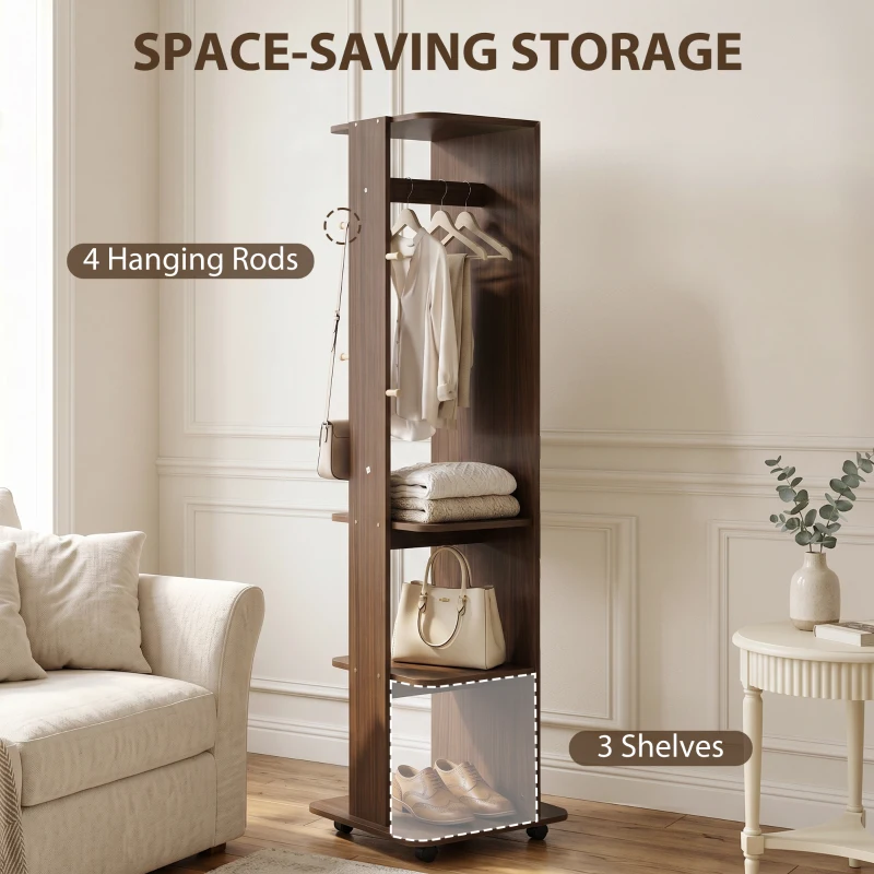 HOMCOM 15" x 62" Full Length Mirror, Tempered Glass Floor Mirror on Wheels with Storage Shelves, Coat Hangers, Brown Wood Grain