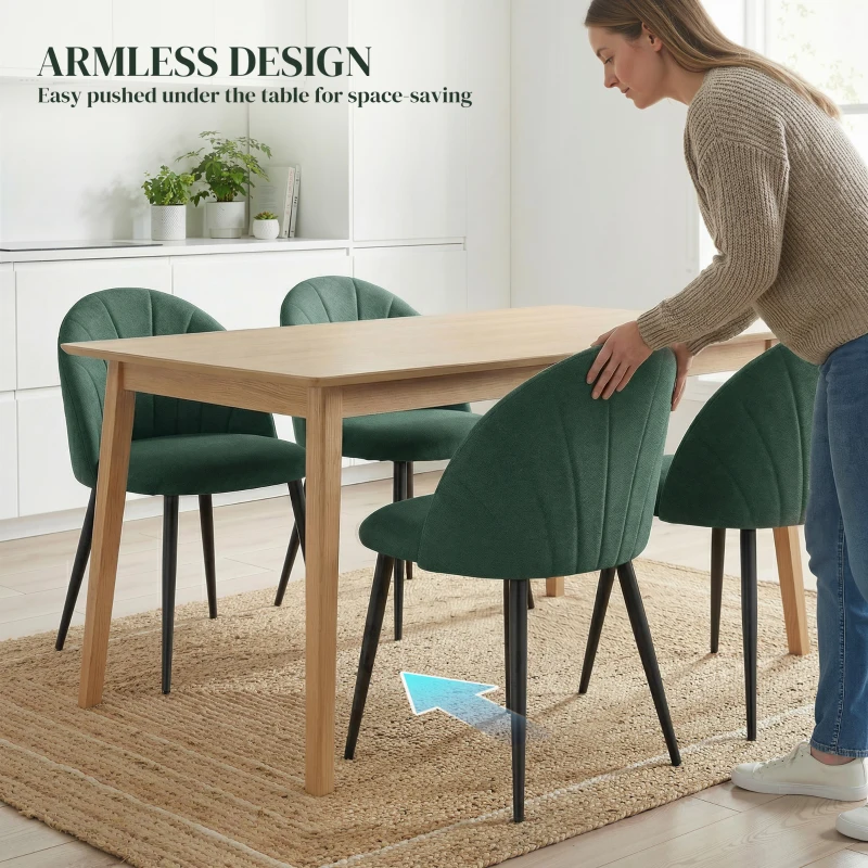 HOMCOM Modern Dining Chairs Set of 4, Upholstered Dining Room Chairs with Metal Legs, Shell Backrest, Padded Seat, Green