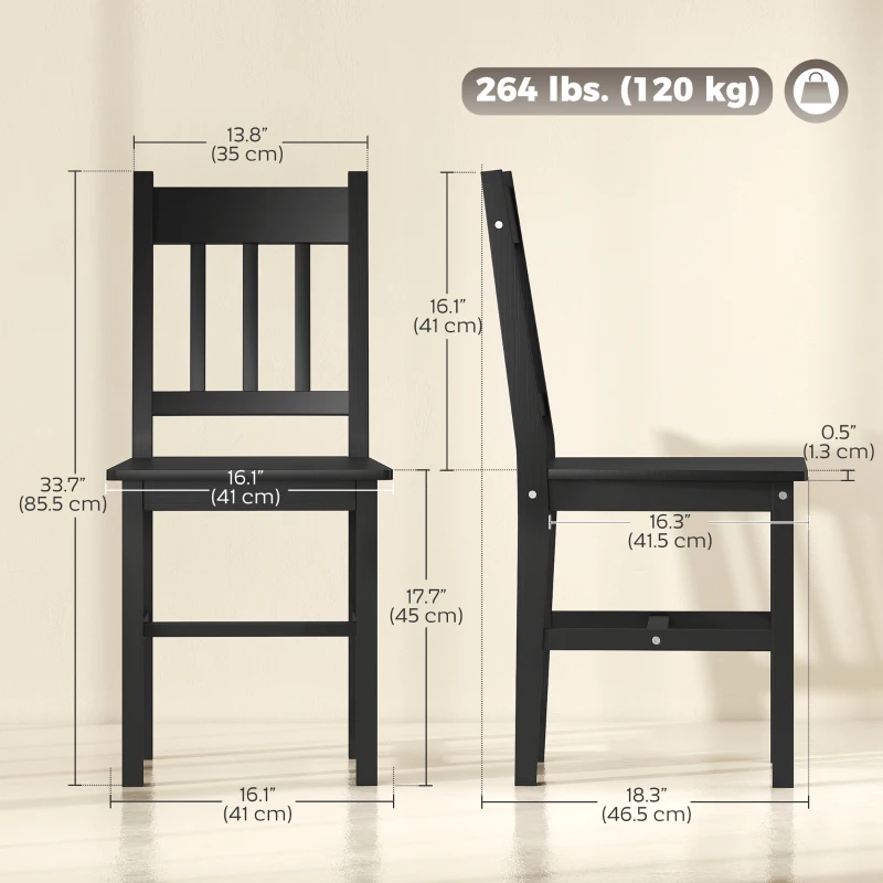 HOMCOM Dining Chairs Set of 2, Kitchen Chair with Slat Back, Pine Wood Structure for Living Room and Dining Room, Black