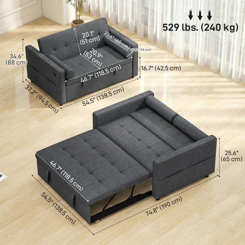 HOMCOM Pull Out Sofa Bed, Sleeper Sofa Couch with USB Ports, Small Linen Loveseat Futon Couch for Living Room, Dark Grey