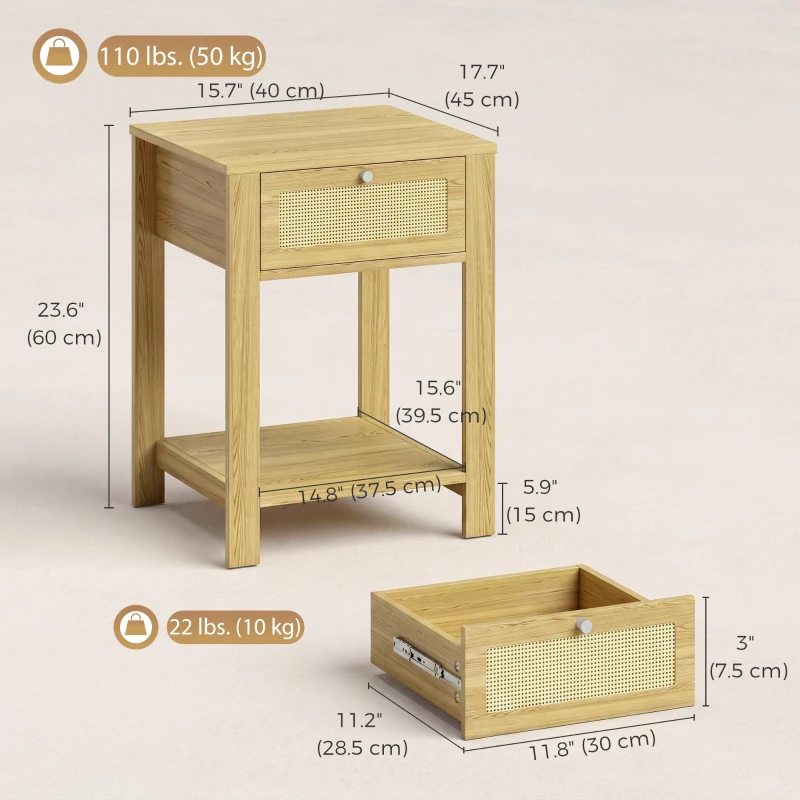 HOMCOM Boho Side Tables Set of 2, End Tables with Drawer and Open Shelf for Living Room, Natural Wood