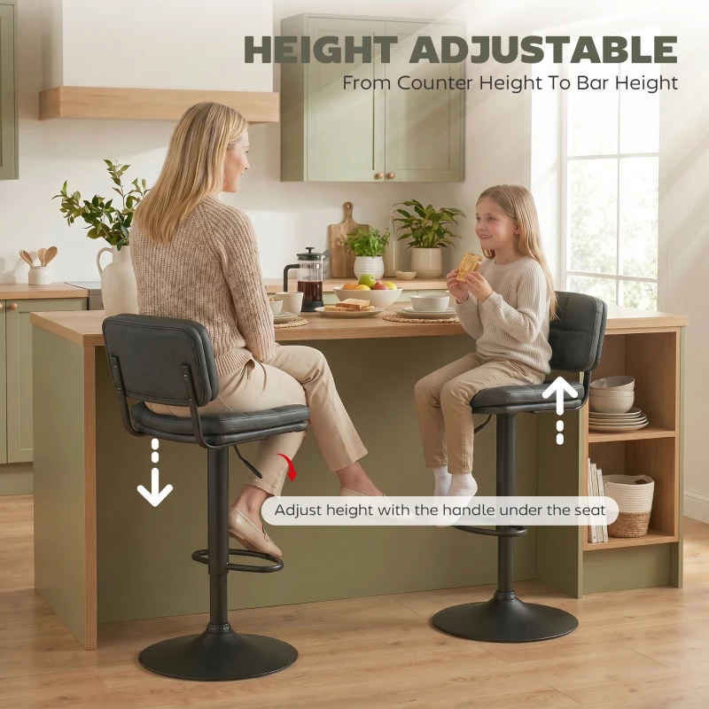 HOMCOM Bar Stools Set of 2, Swivel Counter Height Barstools with Adjustable Height, Back and Footrest, PU Leather Bar Chairs