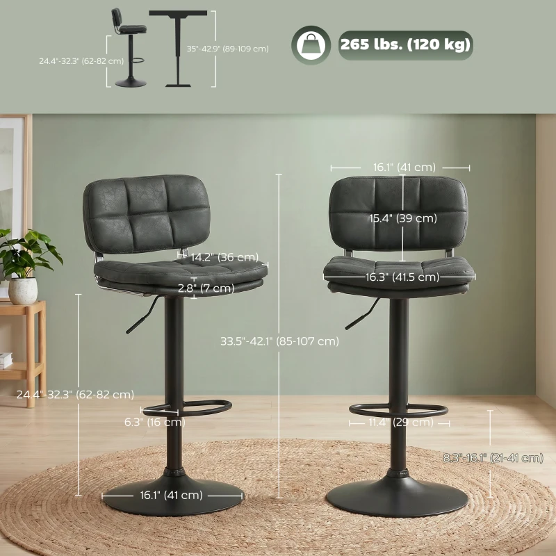 HOMCOM Bar Stools Set of 2, Swivel Counter Height Barstools with Adjustable Height, Back and Footrest, PU Leather Bar Chairs