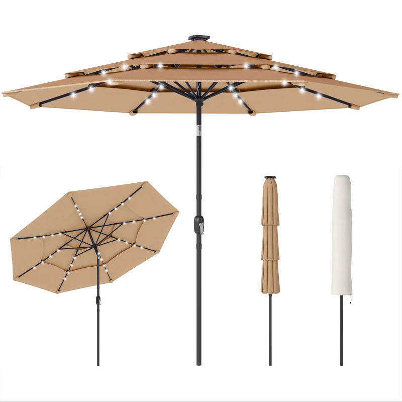 Outsunny 9.3 ft Patio Umbrella with Solar LED Lights, Cover, 3 Tier Outdoor Market Table Parasol with Tilt, Crank, Khaki