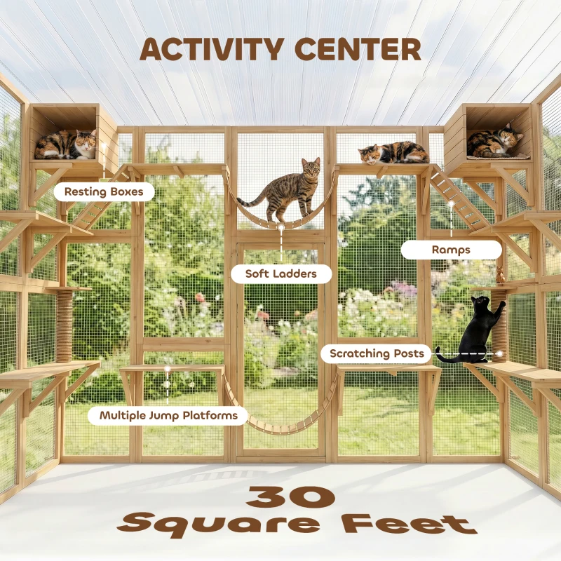 PawHut Catio Playground Cat Window Box Outside Enclosure for Multiple Cats w/ Shelves & Bridges, Yellow