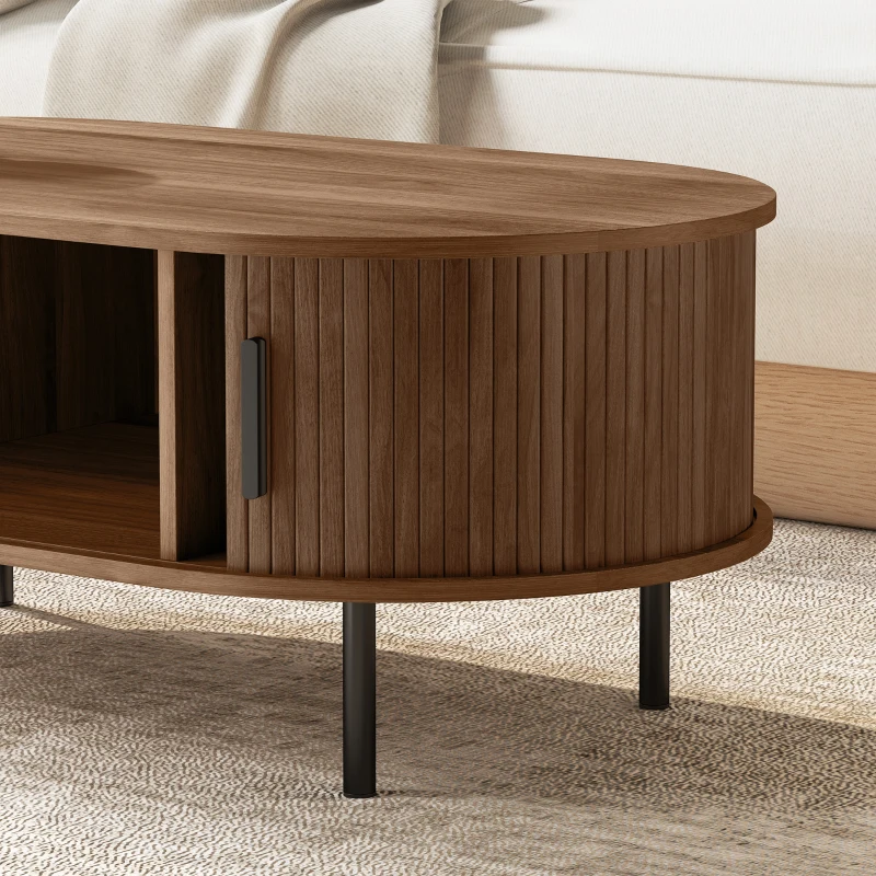 HOMCOM Coffee Table with Sliding Tambour Doors and Storage Center Table with Metal Legs, 39", Brown
