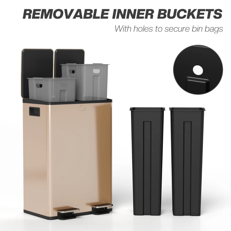 HOMCOM Garbage Bin, Soft-Close Trash Can with Foot Pedal, 2x7.4 Gal (2x28 L) Garbage Can with Removable Inner Buckets, SGold