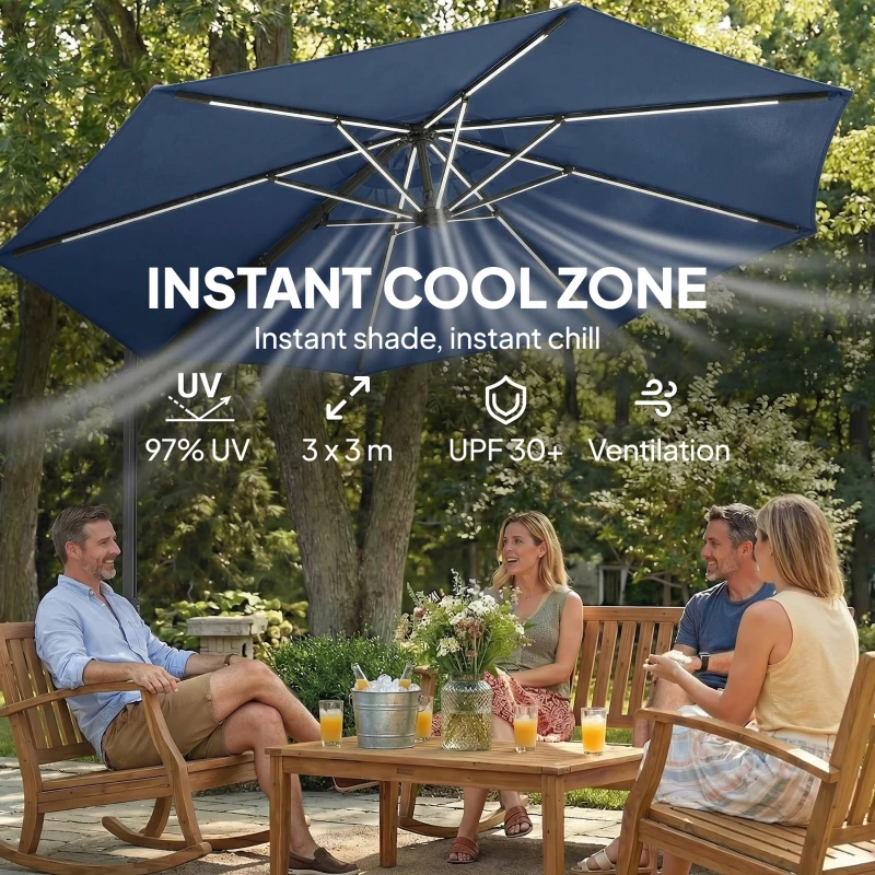 Outsunny 10 ft Offset Patio Umbrella with Solar Light, Garden Hanging Parasol with 360° Rotation, Tilt, Cover, Navy Blue