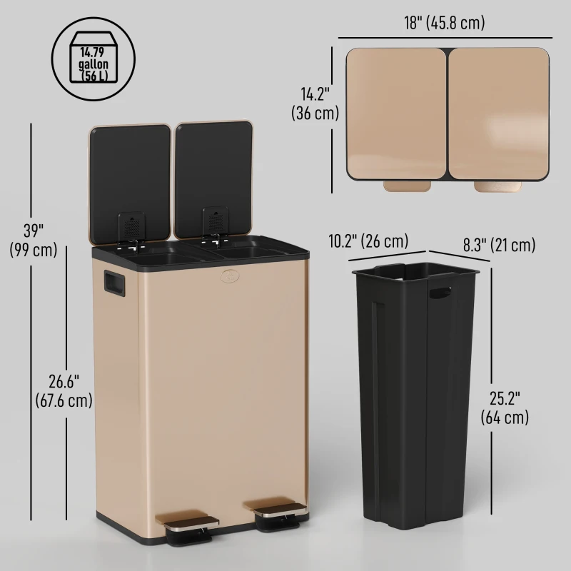 HOMCOM Garbage Bin, Soft-Close Trash Can with Foot Pedal, 2x7.4 Gal (2x28 L) Garbage Can with Removable Inner Buckets, SGold