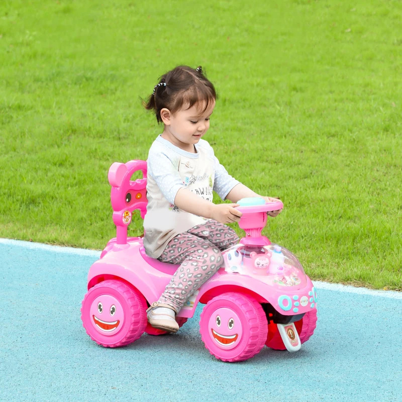 Qaba Foot to Floor Toddler Push Car w/ Horn, Light, Music, Anti-Over-Backwards Device & Underseat Storage, Pink