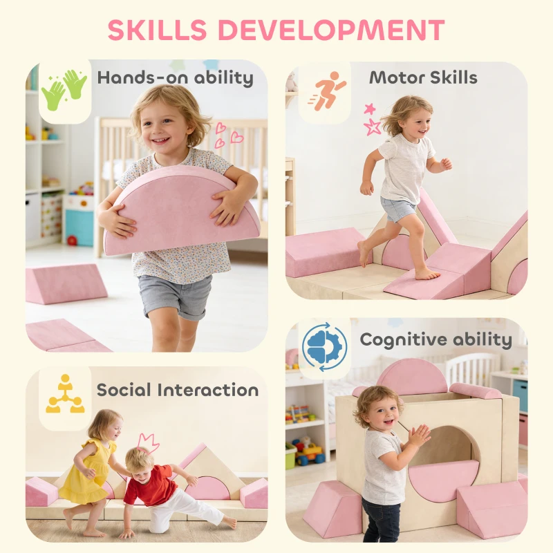 Qaba 12 PCS Modular Kids Play Couch, Child Sectional Sofa for Toddlers, Convertible Foam and Floor Cushion, Pink