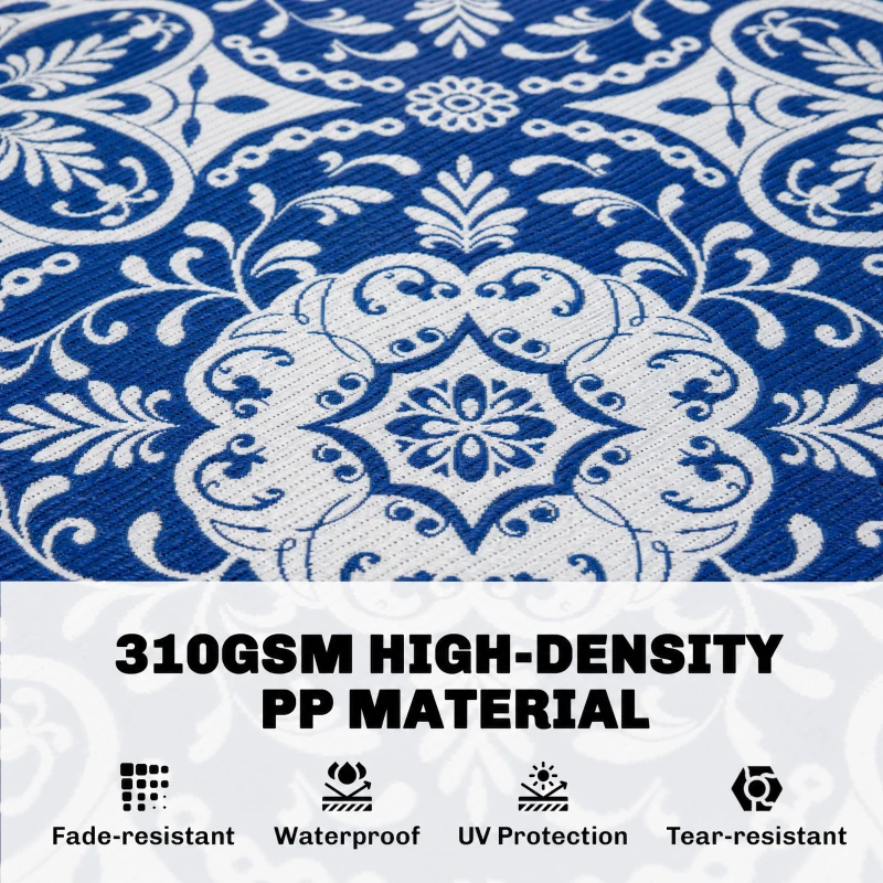 Outsunny Outdoor Rug for Patio, 9' x 12' Waterproof Large Mat, Reversible Plastic Straw Rug for Decor, Portable Outside RV Camping Area Carpet Mat for Backyard Porch Deck Picnic, Blue & White Floral