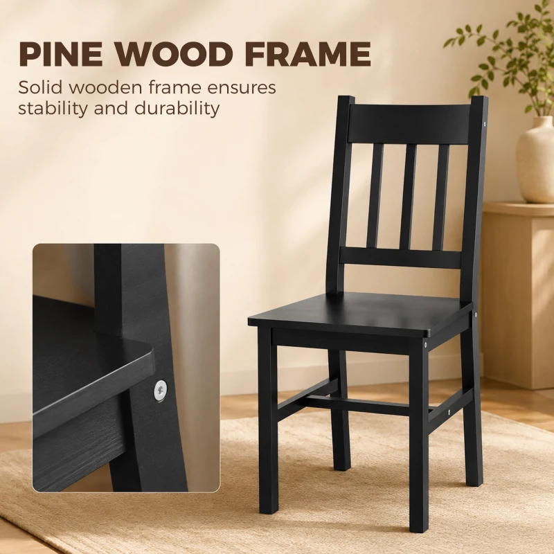 HOMCOM Dining Chairs Set of 2, Kitchen Chair with Slat Back, Pine Wood Structure for Living Room and Dining Room, Black