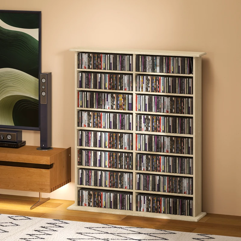 HOMCOM 8-Tier DVD Shelf with 12 Adjustable Shelves, Double CD Shelf, Holds 720 CDs, 396 DVDs or 396 Blu-rays, Natural Wood