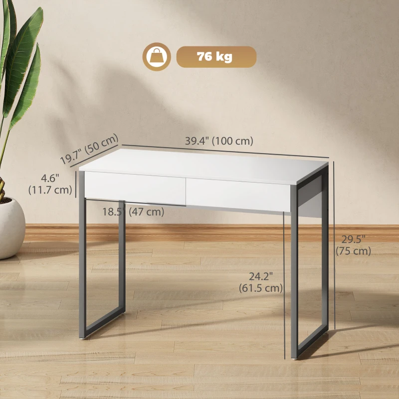 HOMCOM High Gloss Home Office Desk, 39" x 20" Computer Desk with 2 Drawers for Small Spaces, White and Grey