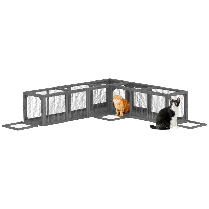 PawHut Wooden 98" Cat Tunnel for Outdoor with Combinable Design, 8 Doors, Dark Gray