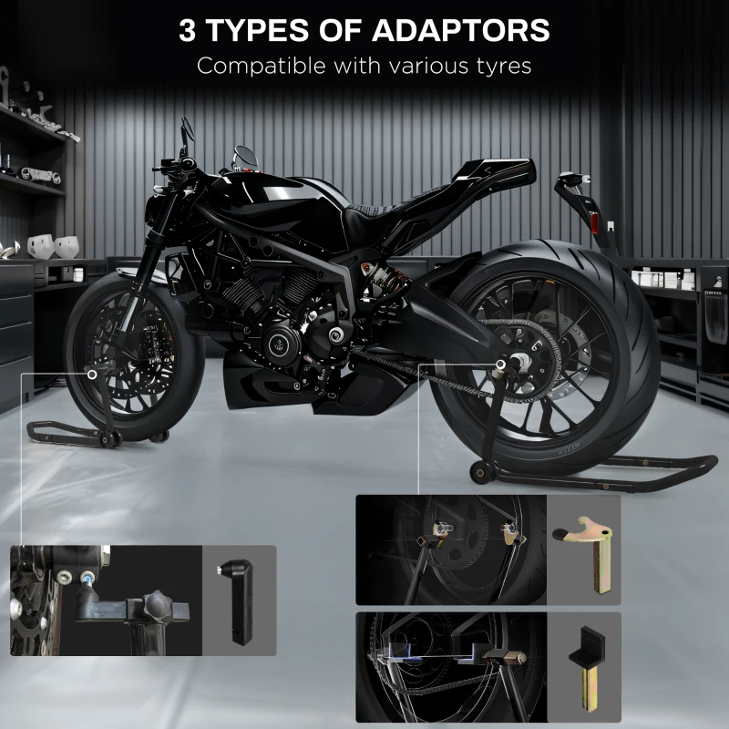 HOMCOM Convertible Motorcycle Stand, Front & Rear Motorcycle Lift with 3 Types of Adaptors, Universal Paddock Lift Stand, Black