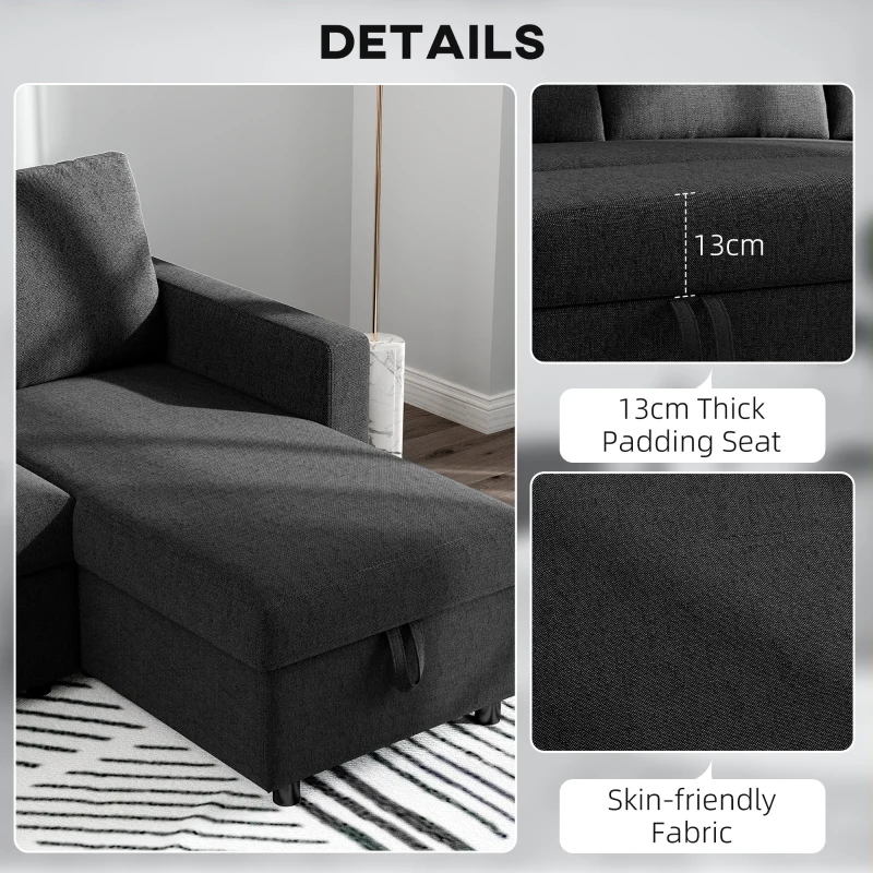 HOMCOM 83" Sofa Bed, Pull Out Sleeper L Shaped Sectional Couch with Reversible Storage Chaise, Wide and Deep Seat, Black
