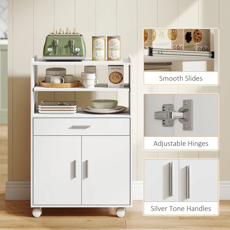 HOMCOM Microwave Cart with Wheels, Microwave Stand with Worktop, Open Shelves and Drawer, Storage Cabinet, White