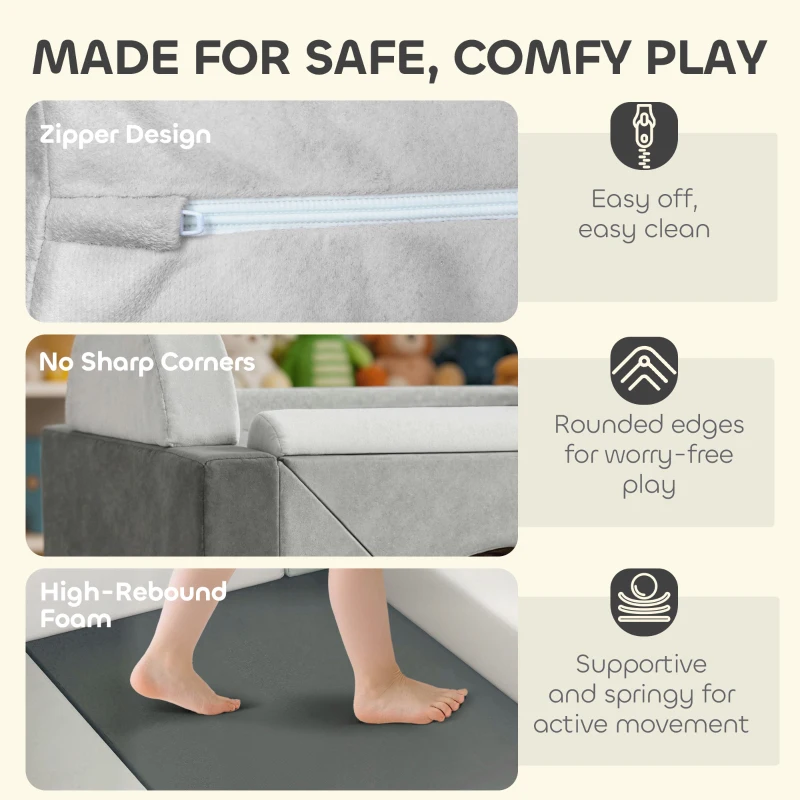 Qaba 12 PCS Modular Kids Play Couch, Child Sectional Sofa for Toddlers, Convertible Foam and Floor Cushion, Grey