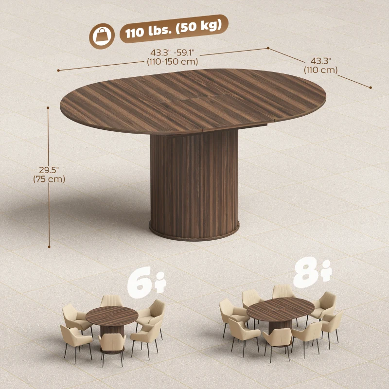 HOMCOM Extendable Kitchen Table for 6-8, 43.5"-59" Farmhouse Dining Table with Pedestal Base Walnut Wood Grain