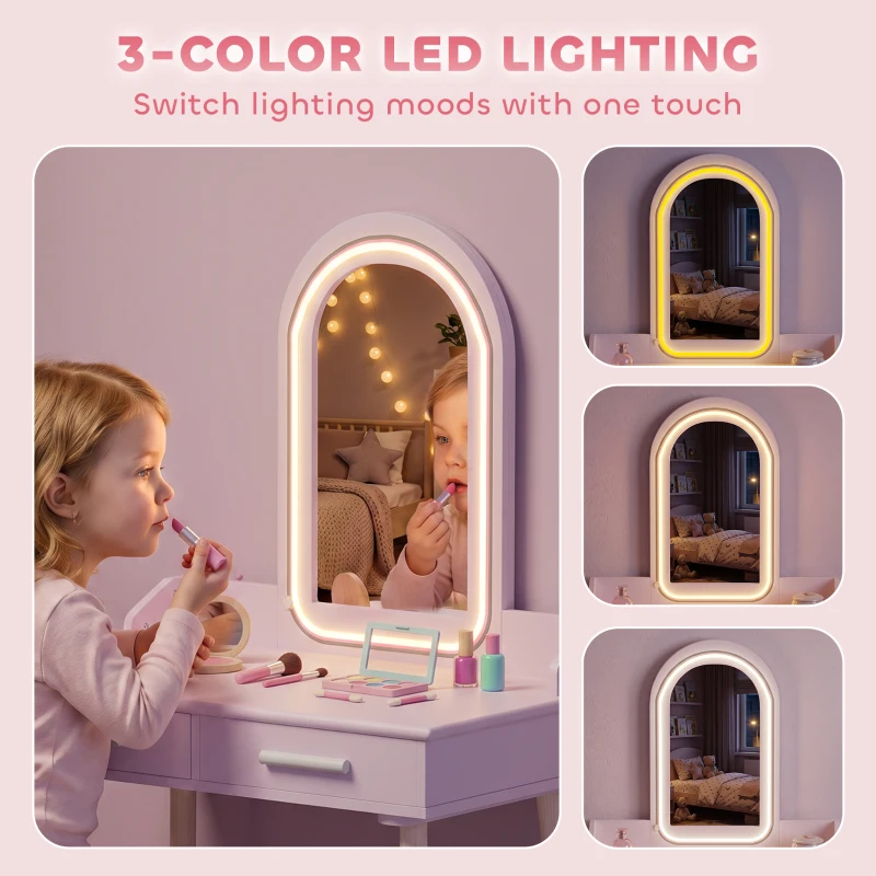 Qaba Kids Dressing Table, Girls Vanity Set with Stool, 3-Colour LED Lights Mirror, Large Drawer for Ages 3-8, Pink