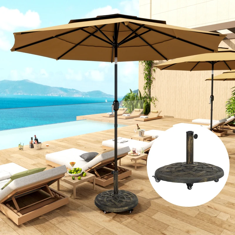 Outsunny Round Patio Umbrella Base with Wheels, 44 lbs Resin Umbrella Stand Base, 1.3"/1.5"/1.9" Umbrella Poles Bronze