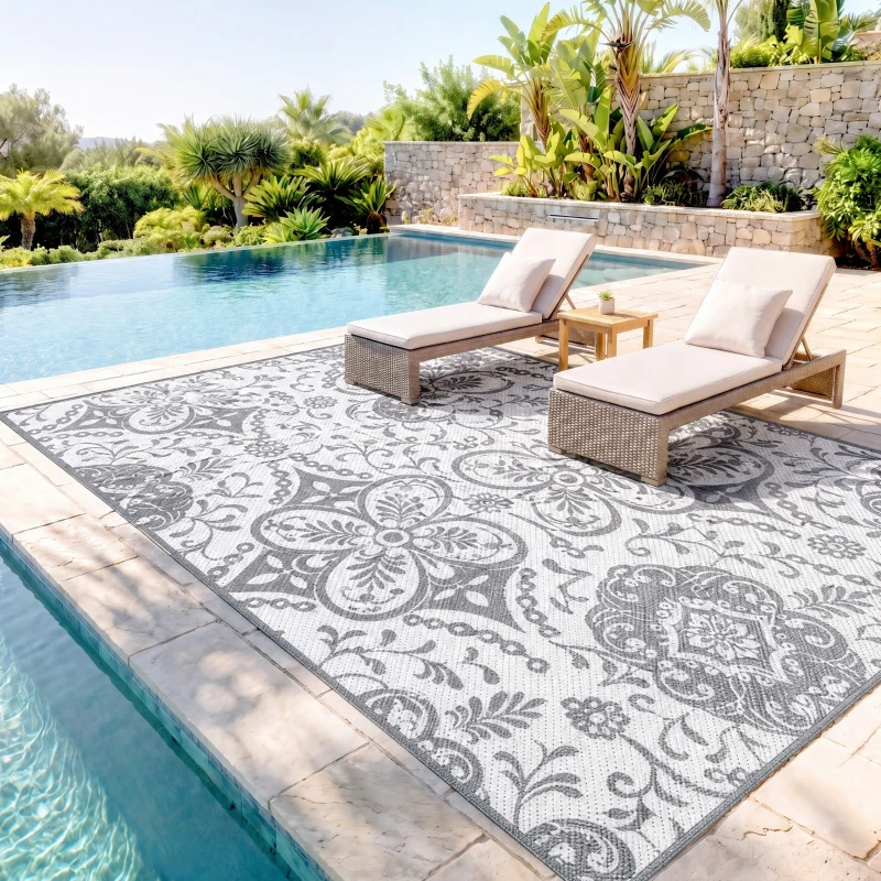 Outsunny Portable Outdoor Rug with Carry Bag, 9' x 12' Reversible Mat, Waterproof Plastic Straw RV Rug for Backyard, Deck, Picnic, Beach, Camping, Gray & White Flower