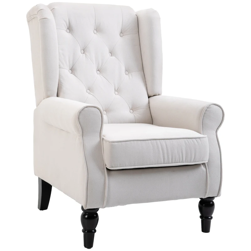 HOMCOM Fabric Accent Chair, Button Tufted Armchair, Upholstered Modern Living Room Chair, Wingback Chair with Wood Legs, Rolled Arms, Thick Padding for Bedroom, White
